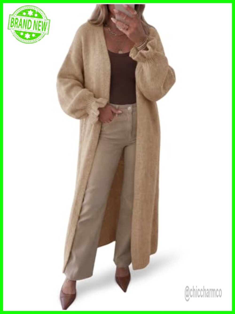 Oversized Open Front Knit Cardigan Sweater Ruffle Cuff Long Sleeve